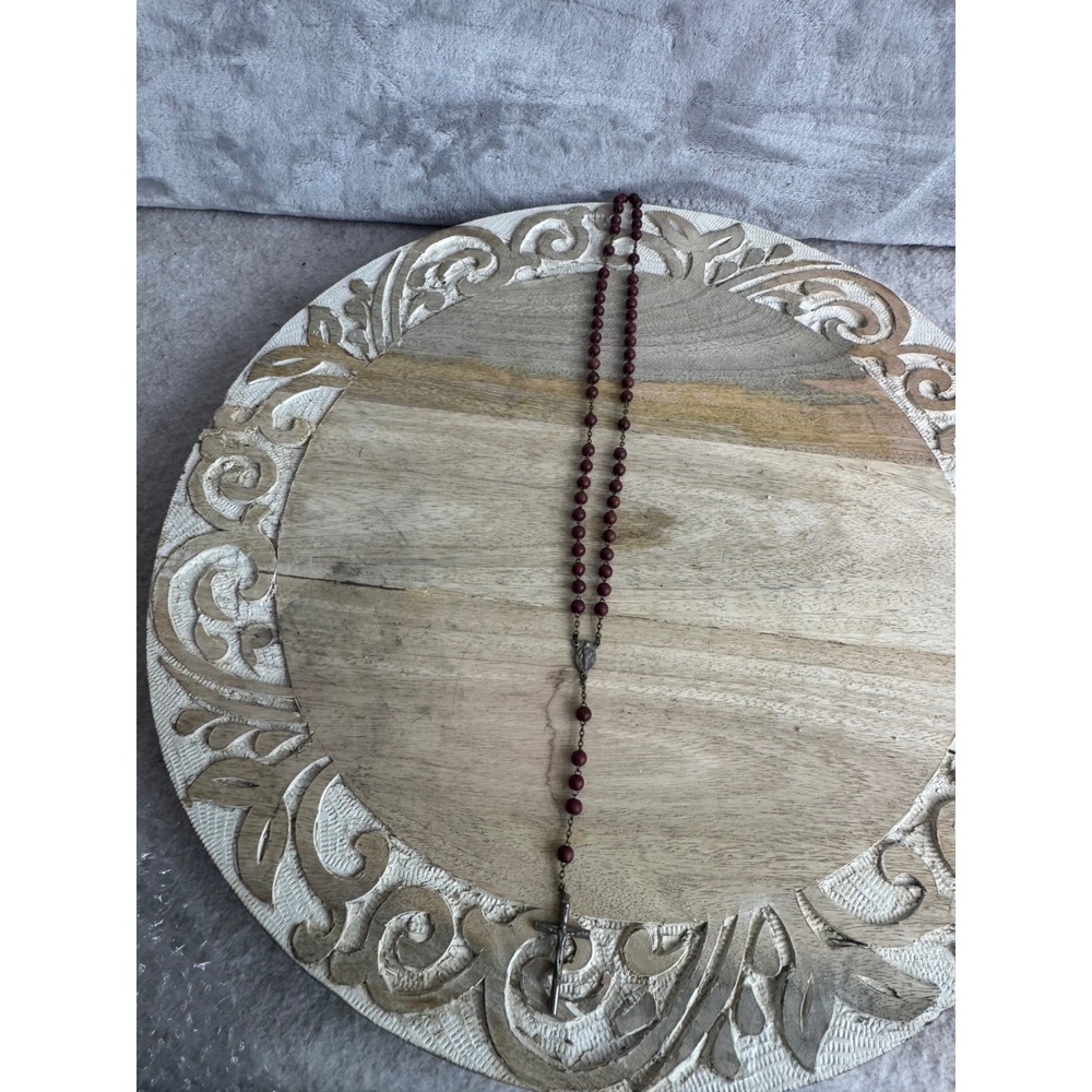 Vintage Red Wood Bead Rosary Necklace Miraculous Medal Crucifix Religious Prayer